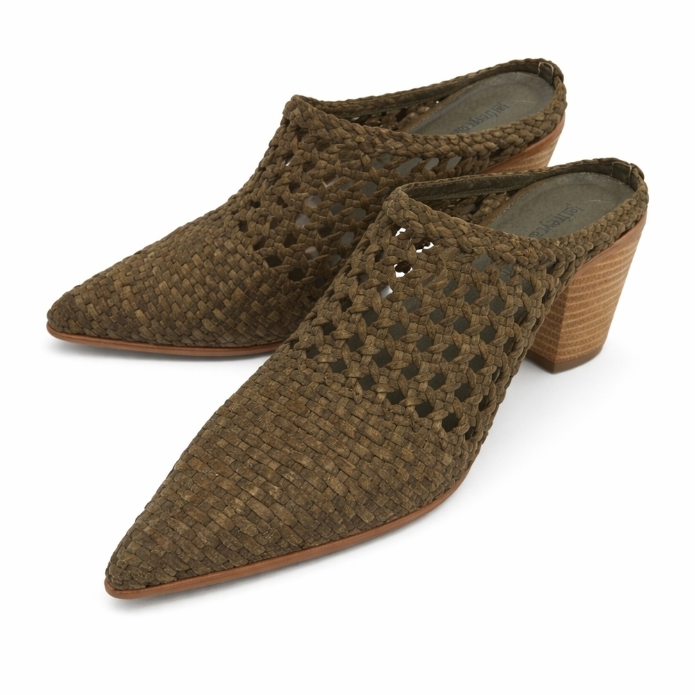 Jeffrey Campbell Leone Woven Mules Army Green Pointed Toe Block Heel 6